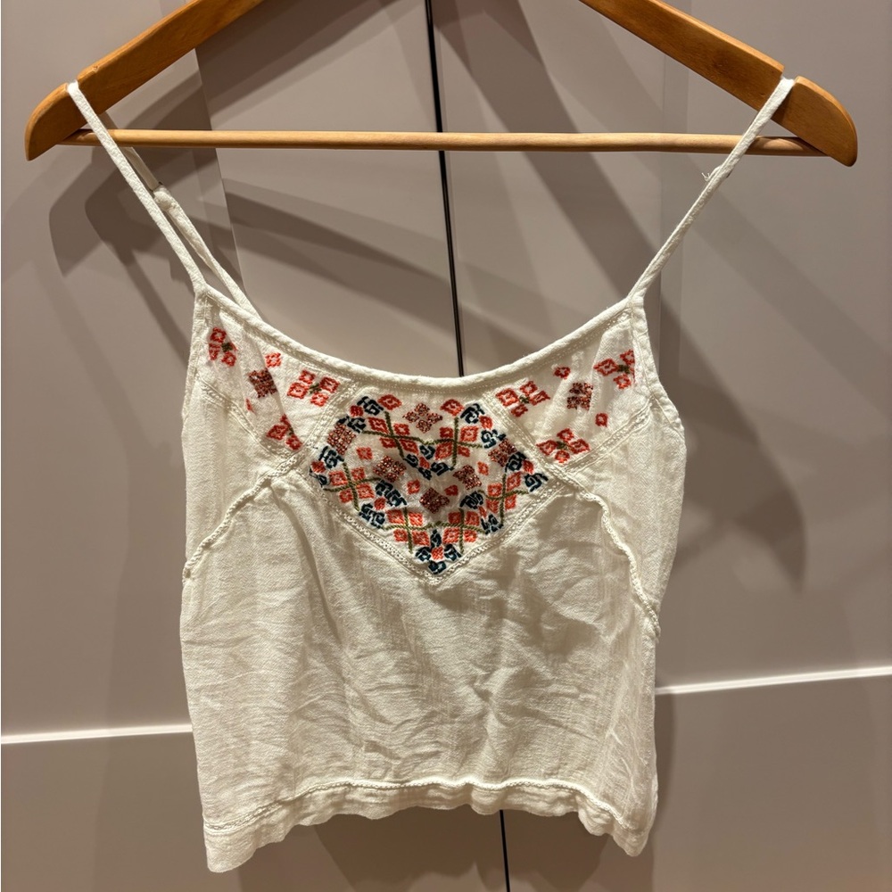 Velvet Embroidered White Spaghetti Strap Top